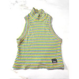 VTG 90s Versace JC Candy Striped Cotton Ribbed Mock Turtleneck Sleeveless Top